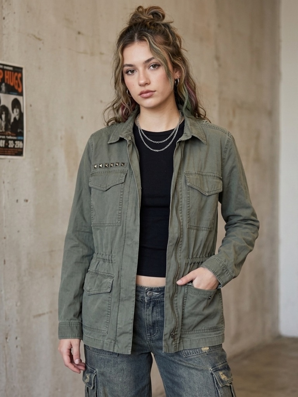 Y2K Mudd Utility Jacket L Olive Green Distressed Studded Cinched Military Grunge